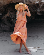 Ballard Cotton Blend Pocketed Tiered Midi Dress Papaya