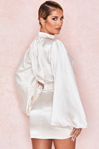 Balloon Sleeve Mock Neck Ruched Bodycon Satin Mini Party Dress - White