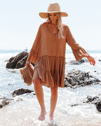 Barefoot On The Beach Pocketed Tiered Tunic Caramel