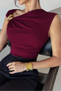Metal Buckle Asymmetrical Ruched Sleeveless Top