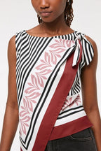 Gracie Unique Print Knotted Scarf Top and Elastic Waist Pocketed Loose Pants Set