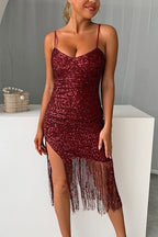 Slim V Neck Tassel Sexy Sequin Dress