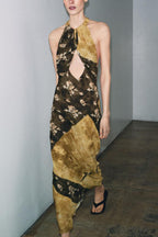 Ninah Color-block Floral Print Cutout Adjustable Halter Neck Maxi Dress