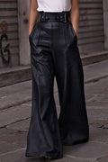 Fashion Leather High Waist Loose Pocket Casual Flared Pants