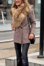 Burgundy checked double-breasted jacket with black double buttons