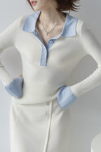 Polo Collar Contrast Cuff Knit Top