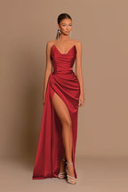 Satin Deep V Corset Slit Formal Dress