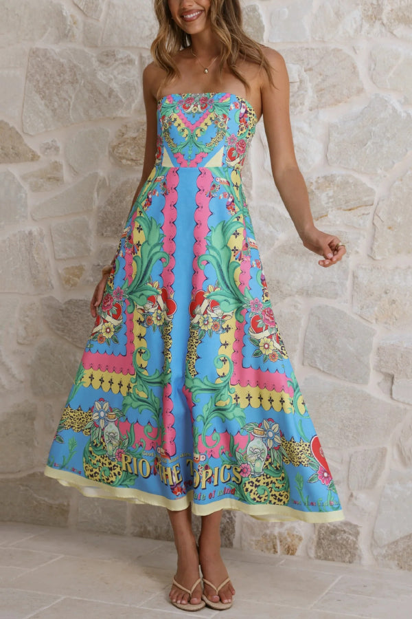Unique Printed Sleeveless Off-shoulder Casual Vacation Midi Dresses