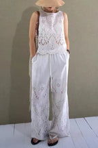 Linen Blend Solid Color Hollow Loose Vest and Elastic Waist Casual Pocket Wide Leg Pants Set