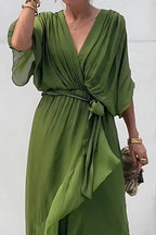 Solid Color V-neck Bat Sleeve Lace-up Irregular Hem Midi Dress