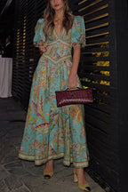 Retro V-neck Puff Sleeve Floral Print Midi Dress