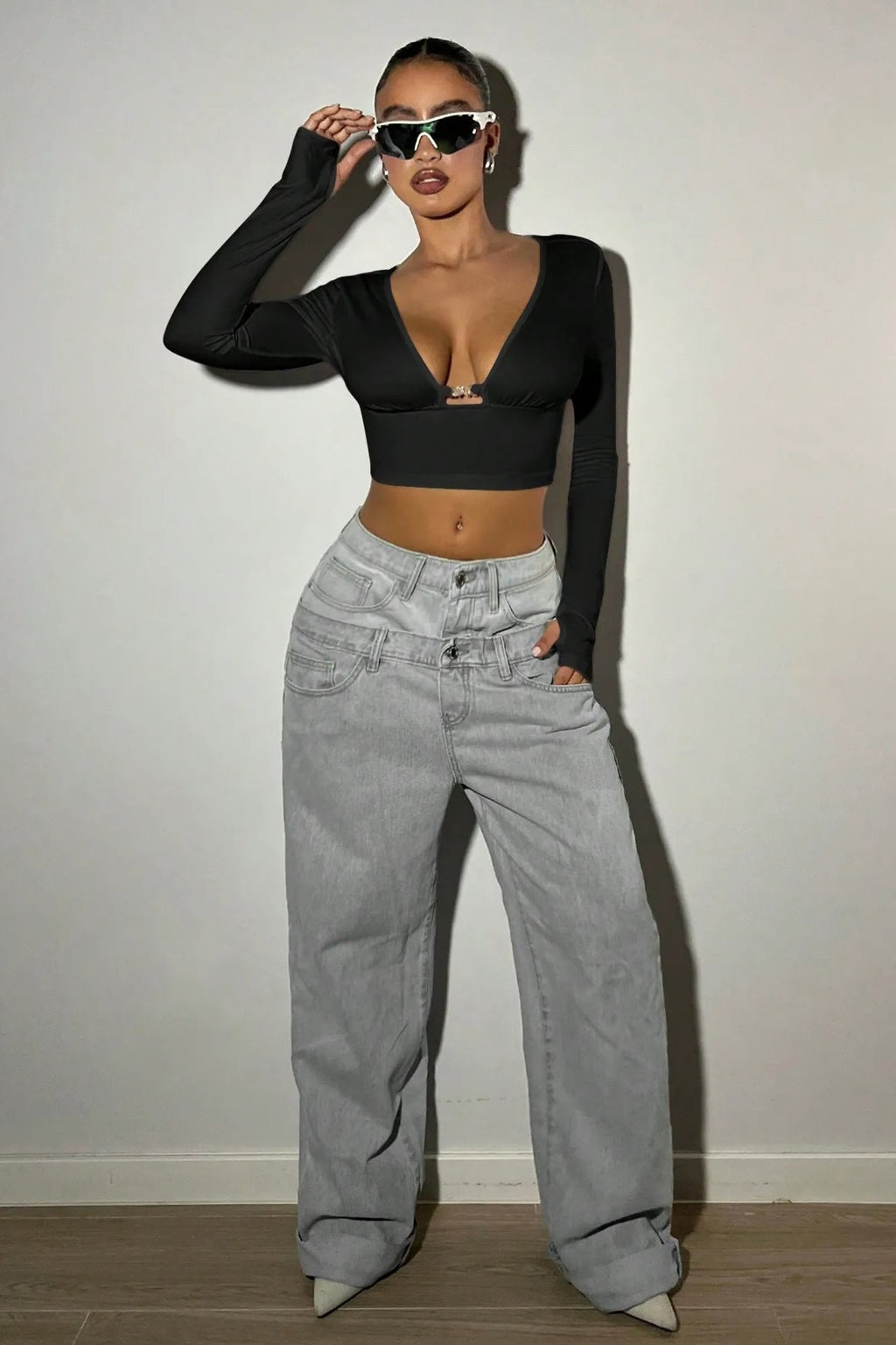 Deep V Hollow Buckle Crop Top
