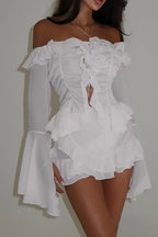 Bishop Sleeve Off Shoulder Blouse Layered Ruffle Skirt Set