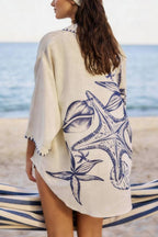 Linen Blend Starfish Print Collared Loose-fitting Shirt and Elastic Waist Casual Pocket Shorts Set