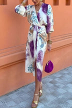 Watercolor Print Satin Wrap Midi Dress