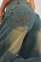 Embroidered Washed Retro Wide-Leg Jeans