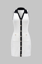 Knit V Neck Contrast Button Sleeveless Pocket Dress