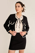 Black Contrast Frayed Trim Tweed Jacket & Mini Skirt Two-Piece Set