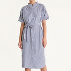 Blue Striped Tie Waist Stand Collar Midi Shirt Dress