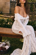Leila Elevated Off Shoulder Floral Lace Flared Sleeve Fishtail Maxi Dress White Occasion Wear