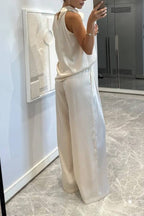 Classic on You Satin High Cowl Neck Top and Elastic Waist Pocket Loose Pants Set