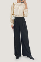 Crew Neck Button Detail Pleated Blouse