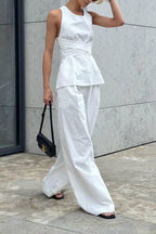 Cross-Band Sleeveless Waist Top & Wide Leg Pants Set