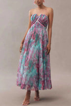 Strapless Floral Print Pleated Swing Maxi Dress