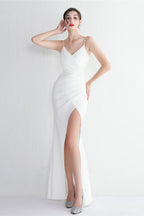 Long Satin Slit Halter Sheath Formal Dress