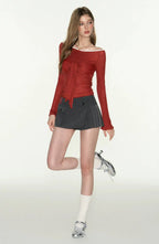 Red Long Sleeves Off-Shoulder Tie-Front Top