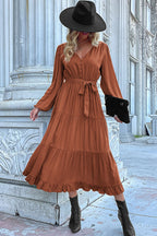 Scarlett Aesthetic Pleated Dress with Cinnamon Knots, Lantern Sleeves and Ruffled Hem Chic Silhouette Collection
