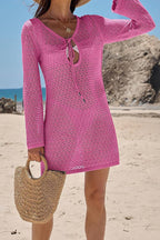 Solid Color Knit Hollow V-Neck Tie Long Sleeve Cover Up Mini Dress