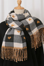 Faux Cashmere Double-Sided Heart Plaid Fringed Scarf