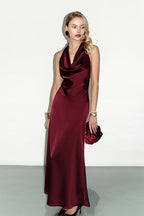 Sexy Red Satin Halter Cowl Neck Backless Bodycon Cocktail Dress