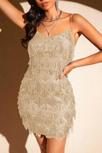 Sequin Fringe Trim Spaghetti Strap Party Dress