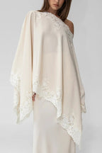 Like A Swan Lace Trim Off Shoulder Cape Top and Elastic Waist Draped Maxi Skirt Set