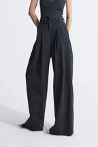 Grey Striped Vest Wide Leg Three Piece Set