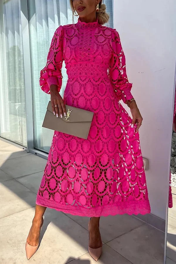Francisca Premium Romantic, Sensual and Party Midi Dress with Crochet Lace and Lantern Sleeves Chic Silhouette Collection
