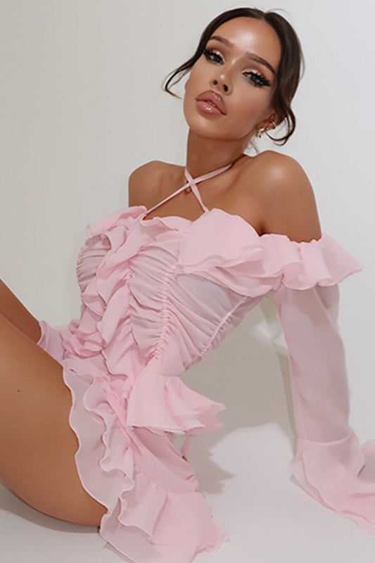 Bishop Sleeve Off Shoulder Blouse Layered Ruffle Skirt Set