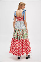 Gingham Patchwork Floral Print Boho Dress