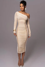 Diagonal Collar Mesh Midi Dress