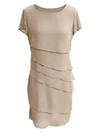 Amadis Minimalist Cotton Layered Trim Round Neck Short Sleeve Evening Dress for Women Premium Wardrobe Essential