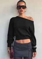 Off-Shoulder Cropped Knit Sweater – Minimalist Elegance
