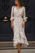 Asymmetric V Neck Flare Sleeve Floral Dress