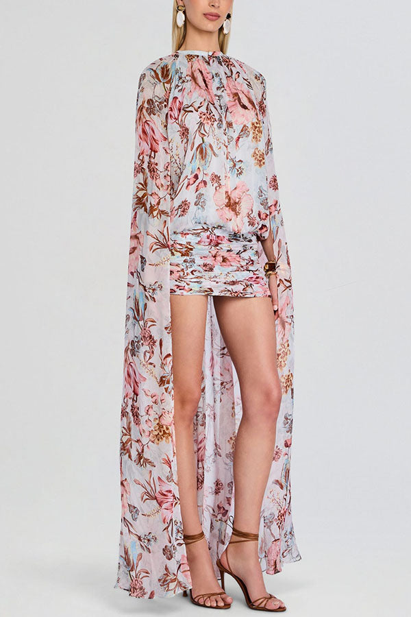 Sunset Frequency Tropical Print Ruched Hem High Low Cape Maxi Dress