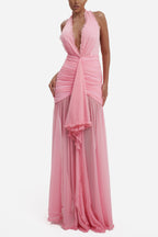 Elegant V-neck Sleeveless Pleated Ribbon Mesh Hem Maxi Dress