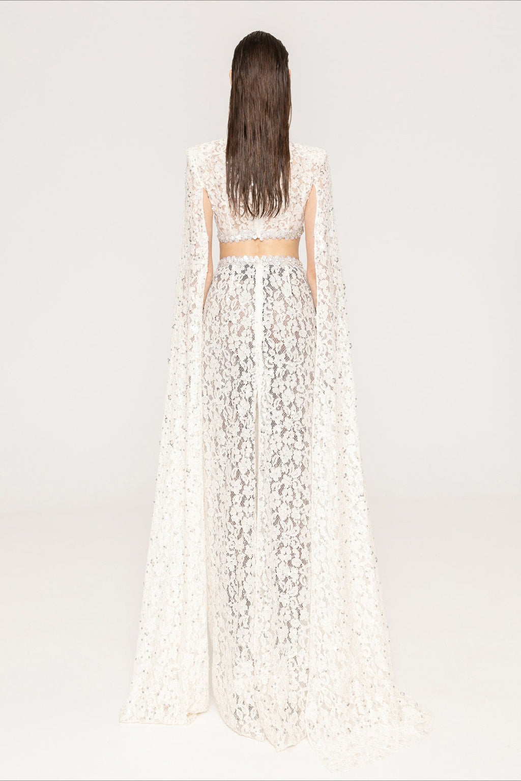 Lace Beaded Sequin Slim Cape Reception Dress