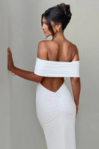 Solid Off Shoulder Ruched Formal Dress