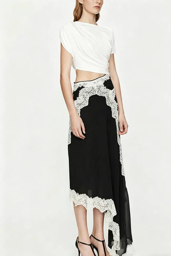Verve Twisted Drape Across Tee Chiffon Lace Trim Hem Maxi Dress