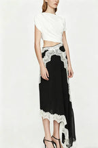 Verve Twisted Drape Across Tee Chiffon Lace Trim Hem Maxi Dress